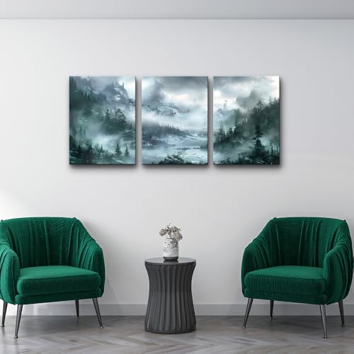DZRWUBHS Wall Art For Living Room Canvas Wall Decor For Bedroom Office Wall Decorations Misty Forest Landscape Wall Paintings Modern Room Wall Pictures Artwork Home Decor Ready To Hang 3 Pieces