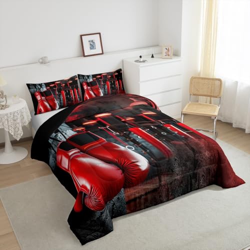 Image of Feelyou Boxing Bedding Set Sports Theme Comforter Set for Kids Boys Girls Men Red Boxing Gloves Pattern Comforter Pugilism Games Vintage Decor Quilt Set with 2 Pillowcases 3Pcs Bedding Queen