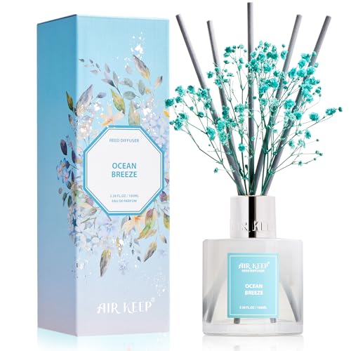 Image of Airkeep Reed Diffuser Set,3.38 fl oz (100 ml) - Ocean Breeze Oil Diffusers with 8 Reed Sticks, Home Fragrance Reed Diffuser for Bathroom Shelf Decor