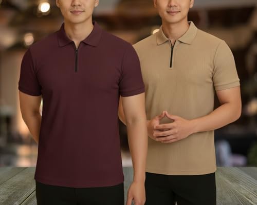 Image of MACK JONNEY Men's Cotton Self Design Polo T-Shirts | Front Half Zipper | Pack of 2 | Multicolour