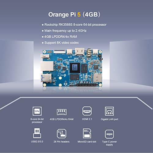 Orange Pi 5 4Gb Rockchip Rk3588S 8-Core 64 Bit Single Board Computer, Up To 2.4Ghz And 8K Video Codec Support Development Board Run Orange Pi/Ubuntu/Debian/Android 12 Os (Pi 5 4Gb+ Power Supply) #TOP2