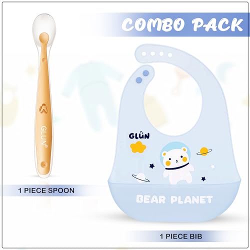 Image of GLUN 1 Soft Feeding Spoon & 1 Piece Bibs Combo, Cute Bear Print Bib with Carry Bowl for Growing Champs, Easily Wipes Clean, Less Time Cleaning after Meals for Babies