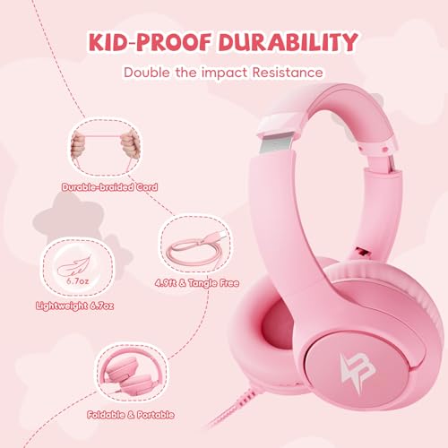 Image of USB C Headphones Wired for Kids, 85 /94dB Volume Limit With Mic, Pink | Kid Headphones for School, Wired Over Ear USBC Plug in Corded Headphones for Boys Girl Toddler, iPad, Tablet, Airplane Travel