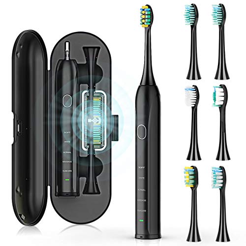 Sonic Electric Toothbrush for Adult and Kids,Powerful Whitening Toothbrush with 6 Dupont Brush Heads with UV Sanitizer Case,5 Modes Rechargeable Travel Toothbrushes,45 Days Long Battery,Smart Time