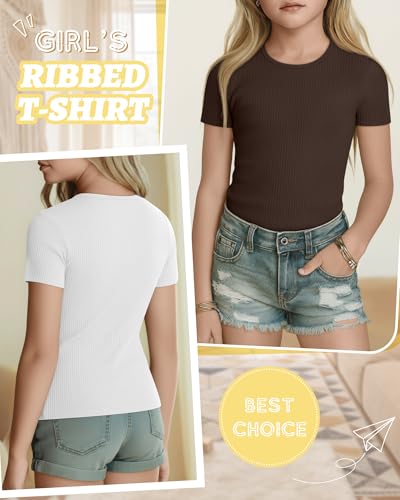 3 Pack Girls Short Sleeve Tops Ribbed Knit Crew Neck Shirts Basic Solid Tees Slim Fit Casual T-Shirt Size 5-14 - Image 4