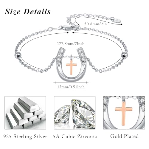 MEDWISE Lucky Horseshoe Bracelet 925 Sterling Silver Rose Gold Faith Horseshoe Pendant 7+2 Inches Adjustable Wrist Link Bracelet Jewelry Birthday Gifts for Women Wife Girrlfriend Ladies Mom Mother2