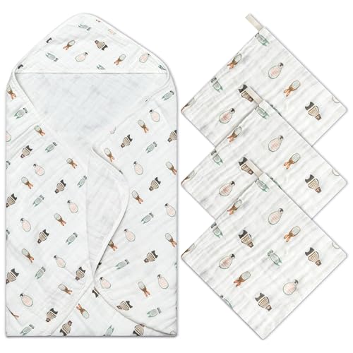 Image of Zainpe 4Pcs Muslin Baby Hooded Towel & Washcloth Set Penguin Pattern Soft Absorbent Cotton Bath Hood Towels for Newborn Toddlers Essentials Boys Girls Infant Shower Gift 31.5 x 31.5 in