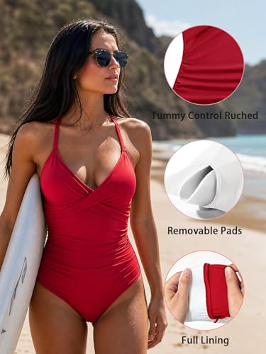 Image of B2prity Women's One Piece Swimsuit Tummy Control Front Cross Bathing Suit | Slimming Ruched ,Tie Back,Wrap Front,Adjustable Straps,Soft Removable Cups for beach, pool and vacation wear