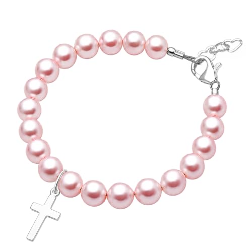 Image of Pink Pearl Bracelet, Sterling Silver Cross Charm Baptism Gifts for Girl