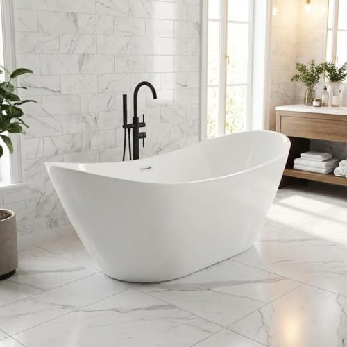 Image of 59 inch Freestanding Acrylic Bathtub, Deep Soaking Tub with Non-Slip Base, cUPC Certified, Chrome Pop-Up Drain and Overflow, White