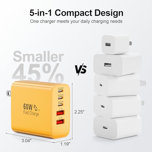 Image of USB C Charger Block, 60W 5-Port Type C Charger Fast Charging Blocks | USBC Multiple Port Wall Charger Plug for iPhone 17 /16 /15 /14 /13 /12 /11 Pro Max, Samsung Galaxy, Android Phone, iPad, Yellow
