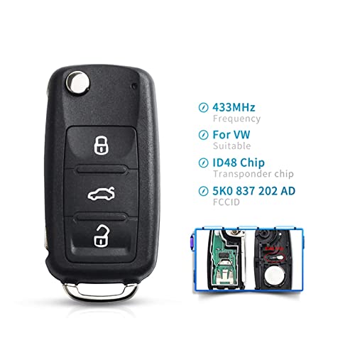 Heart Horse 3 Buttons Remote Car Key Shell Case Fob Cover Flip Folding Replacement Remote Key Case for Go-lf Ca-ddy Be-etle Je-tta P-olo Sharan Transporter (433Mhz ID48 Chip) - Image 3