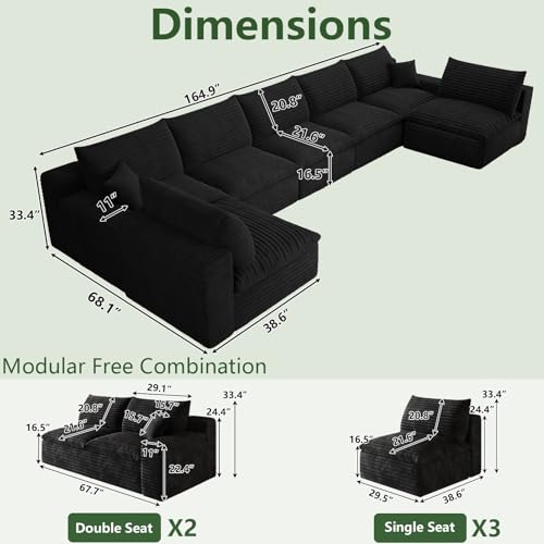 Image of 165 inch Cloud Couch Modular Sectional Sofa for Living Room, U-Shape Boneless Couch with Deep Seat, Modern Corduroy 7-Seater, No Assembly Required, Black
