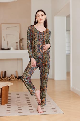 Image of Ekouaer Womens 2 Pack Pajama Set Long Sleeve Pajamas Top and Pants V Neck Pjs Set Soft Sleepwear Loungewear