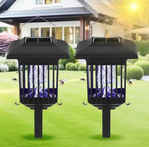 New & Improved 2 Pack Solar Powered Zapper- Enhanced Outdoor Flying Insect Killer- Hang or Stake in The Ground- Cordless Garden Lamp- Portable LED Machine- Best Stinger for Mosquitoes/Moths/Flies (1)