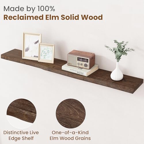 Image of Floating Shelves for Wall Decor, Rustic Solid Elm Wood Live Edge Floating Shelves Wall Mounted, Wall Shelves with Invisible Bracket for Living Room Bathroom Bedroom Kitchen, 48 Inch, Walnut
