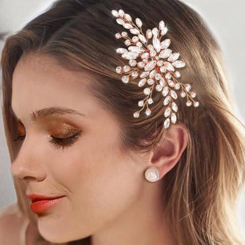 Easedaily Bride Wedding Hair Comb Silver Crystal Hair Pieces Rhinestone Headpieces Bridal Hair Side Combs Hair Accessories for Women (C-Rose gold)