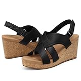 SHIBEVER Wedge Sandals for Women Dressy: Black Summer Comfortable Platform Ankle Strap Cork Womens Wedges Sandal Size 8