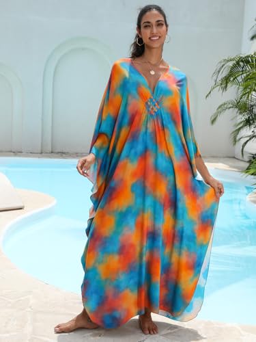 Image of IMAGEKOPE Women's Plus Size Animal Print V-Neck Batwing Kaftan Beach Dress Bathing Suit Cover-Up Loungewear