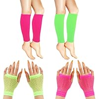 Miiqxx 2 Pairs Neon Leg Warmers 80s and 2 Pairs Fishnet Gloves,80S Leg Warmers,Green and Pink LegWarmers,80s Accessories for Women and Girls