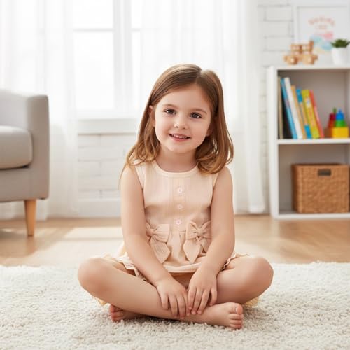 Image of Toddler Girl Clothes Sleeveless Top Shorts 2Pc Summer Outfit 12M-5T | 100% Cotton, Soft breathable, Double crepe fabric, Adorable bow ruffle pocket design, Perfect for daily wear, birthday, party
