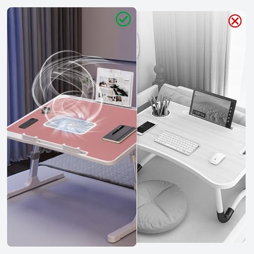 Image of iXTRA Laptop Lap Desk Include Cooling Fan,Adjustable Lap Desk with Light Fan,Folding Laptop Desk for Bed with USB,Bed Desk with Storage Drawer 56x32cm,Pink