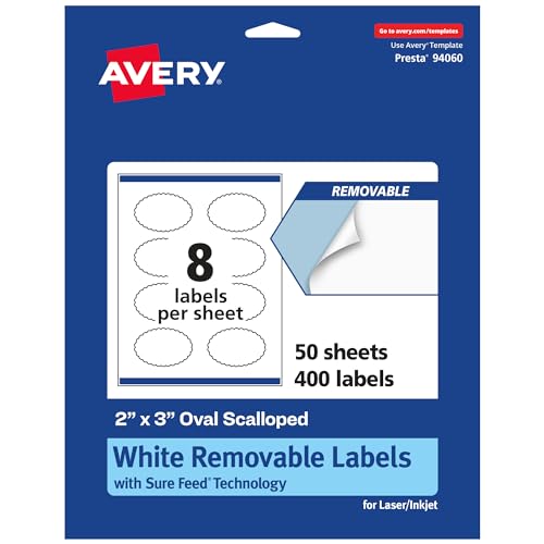 Avery Matte White Removable Oval Scalloped Labels, Sure Feed Technology, Print-to-The-Edge, 2" x 3", 400 Removable Labels, Laser/Inkjet Printable
