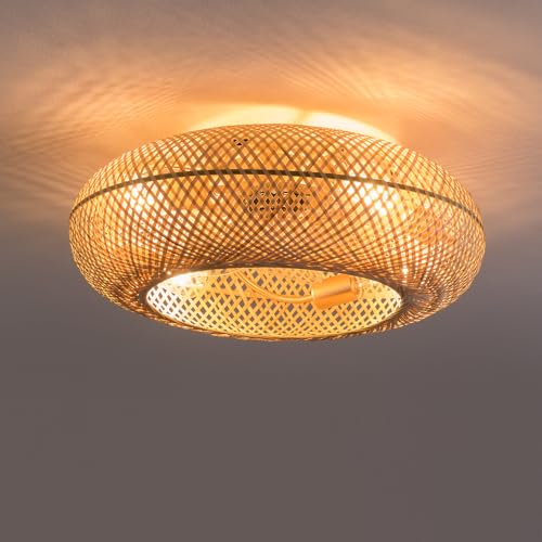 GWOalseO Elegante ventilador de techo de ratán de bambú con control de viento de 6 velocidades, mando a distancia y temporizador para uso en interiores con enchufes E27