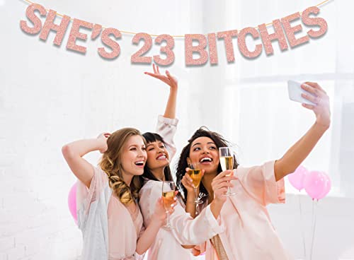 Image of She's 23 Bitches Banner 23rd Birthday Decorations for Women, Funny Glitter Rose Gold She's 23 Party Supplies