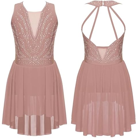 JEYPINMI Kids Girls Lyrical Dance Costume Rhinestone Ballet Leotard Dress Modern Contemporary Dancewear Dusty Pink 12 Years Cover