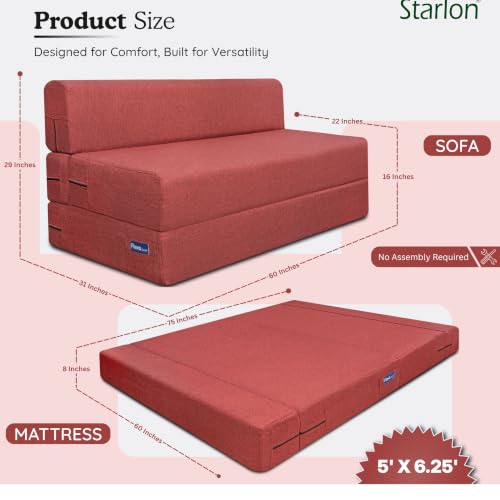 Image of Starlon 3 Seater Foldable Sofa Cum Bed 3-in-1 with Washable Jute Fabric Cover, Space Saving Guest Bed for Living Room & Apartment, Pre-Assembled Royal Maroon 5x6.25 Ft