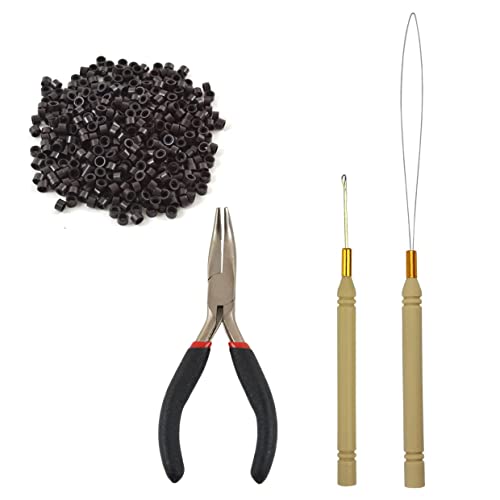 Hair Extensions Pliers Tool Kit Hair Pliers Pulling Hook Bead Device Loop Threader and 500pcs 5.0mm Silicone Lined Micro Rings ( Dark Brown )