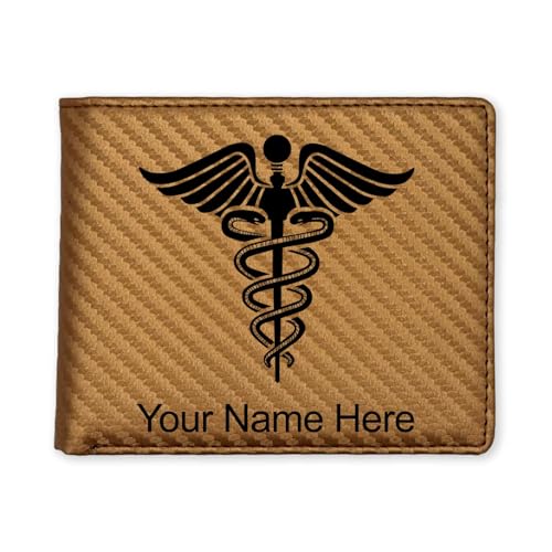 LaserGram Faux Leather Bi-Fold Wallet, Caduceus Medical Symbol, Personalized Engraving Included (Carbon Fiber Bronze)