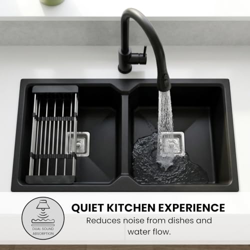 Image of GLOXY Premium Quartz Granite Double Bowl Kitchen Sink 37x18x9 Inches - Scratch Resistant Double Bowl Sink with Black Matte Finish - Undermount & Topmount Sink With Drainer Basket Coupling Hose Pipe