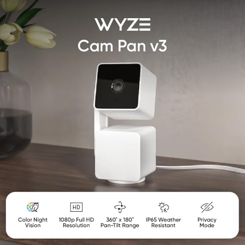 WYZE Cam Pan v3, Indoor/Outdoor IP65-Rated 1080p Pan/Tilt/Zoom Wi-Fi Smart Home Security Camera with Color Night Vision, 2-Way Audio, Compatible with Alexa & Google Assistant, Free Expert Setup by WYZE - Used condition - US$260.25