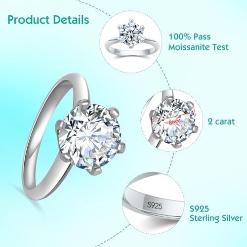 2CT Moissanite Engagement Rings for Women, 6 Prong Wedding Ring D Color, 925 Sterling Silver with 18K White Gold Plated, Include Jewelry Box,with Certificate2
