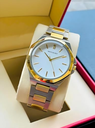 Image of AMERICANVIBER Modern Analog Watch, Silver and Black Two-Tone Stainless Steel Band, Octagonal Case, White Dial for Men