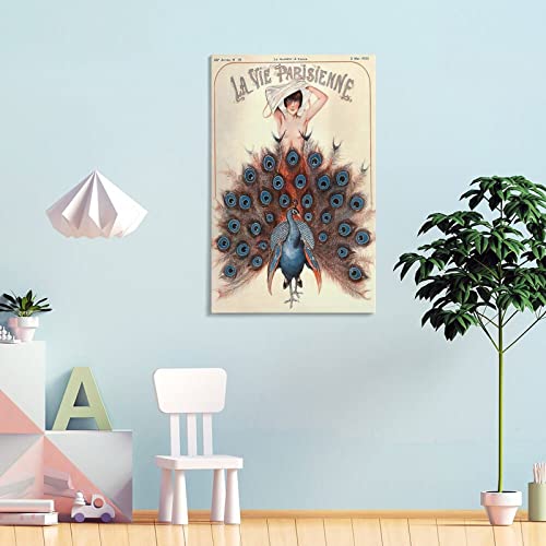Rucatto Advertising Poster Vintage Peacock Art Drawing Sexy Girl Canvas Wall Art Prints For Wall Decor Room Decor Bedroom Decor Gifts 24X36Inch(60X90Cm) Frame-Style #TOP3
