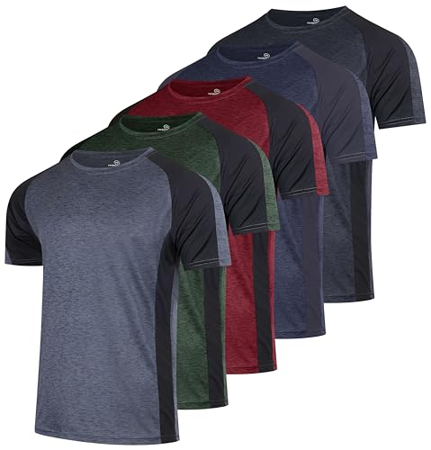 Real Essentials 5 Pack: Men’s Short Sleeve Dry Fit T-Shirts – Moisture Wicking Athletic Workout Gym Fitness Casual Tees, Set 13, Large