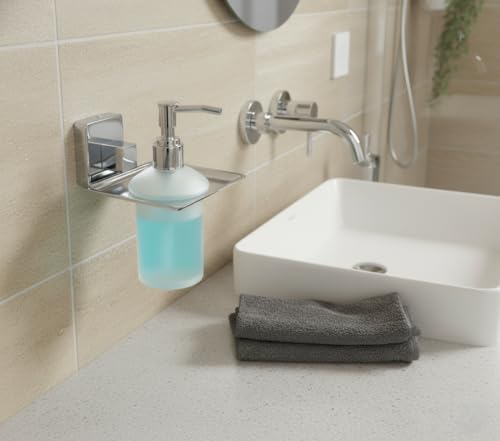 Image of Premium Wall-Mounted Stainless Steel Liquid Soap Dispenser with Frosted Glass Bottle & Heavy-Duty Steel Holder | Rust-Proof Bathroom Soap Dispenser for Home, Wash Basin & Kitchen