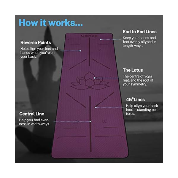 Gonex Yoga Mat with Alignment Lines for Women Men, Eco-Friendly TPE Mat Non Slip 1/4 Inch Thick Exercise Mat for Yoga Pilates and Fitness, Purple