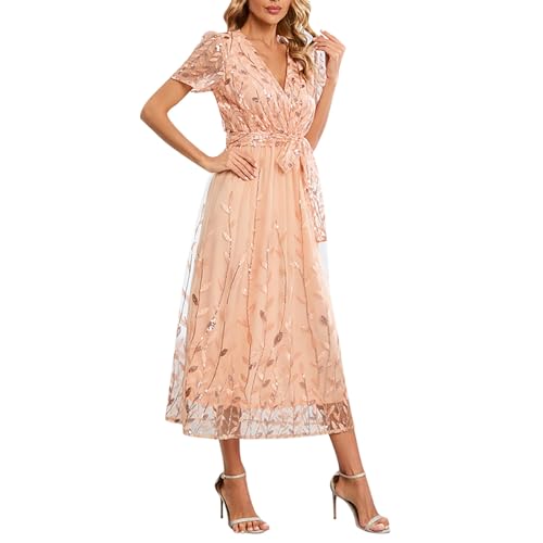 Mesh Dress Embroidered Midi Dresses for Women UK Elegant, Short Sleeve V Neck Flowy Floral Summer Lounge Outdoor Shirts with Waistband Rose Gold L