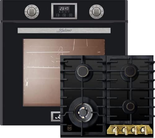Kaiser Küchengeräte Backofen-Set EH 6326 Sp+KCG 6335 Em, Elektro Einbau Backofen, Autark, 79L, 10 Funktionen + Einbau Gas- Kochfeld 60cm,Retro, Schwarz Glas, WOK