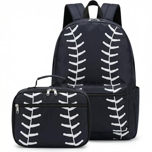 AUIVTY School Backpack for Boys Girls Baseball Bookbag with Lunch Box Set Kids Backpack Elementary Middle School 17 Inch Sports Backpack Baseball-Black