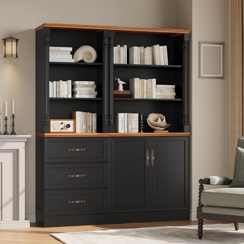 Image of 71'' Tall Bookshelf, Bookcase Storage Cabinets with 3-Tier Adjustable Shelves, Wooden Deep Book Shelf for Office, Living Room, Bathroom, Black