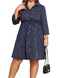 Theenkoln Womens Plus Size Button Dress Collared V Neck 3/4 Sleeve Casual Striped Print Drawstring Midi Fall Dresses with Pocket Navy Blue