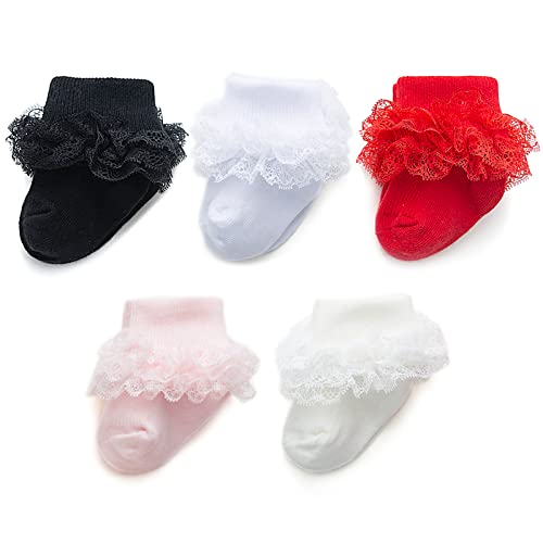 Image of Baby Girl Socks Eyelet Triple Lace Ruffle Socks Turn Cuff Socks 2/3/5 Pairs Ankle Dress Sock for Newborn Infant Toddler