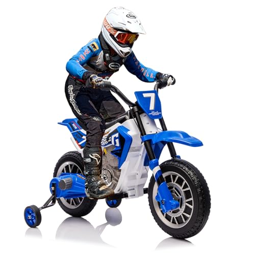 JOYLDIAS Kids Motorcycle, 12V7AH Ride On Motorcycle for Kids w/Training Wheels, Music, Spring Suspension, High/Low Speeds, Blue