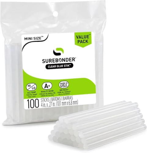 Surebonder DT-100 Mini Size Hot Glue Sticks for Glue Guns 0.27 in. Diameter, 4 in. Length - All Purpose, All Temperature - Great for DIY, Arts, and Crafting - Clear - 100 Count (Pack of 6)