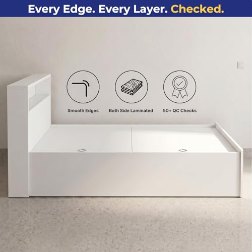 Image of DELITE KOM Single Bed with Box Storage & Headboard Shelf Storage, Urban Engineered Wood Bed, Wooden Bed Frame, 83x37 Inches, Frosty White, 1 Year Warranty, Installation Included